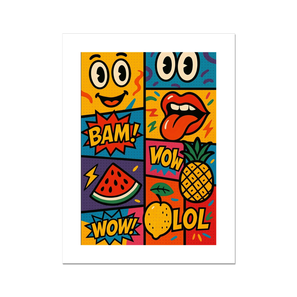 Comic Pop Art Poster – Retro Smiley, Lips, Fruit & Speech Bubbles Wall Art Print (18x24 Inches)