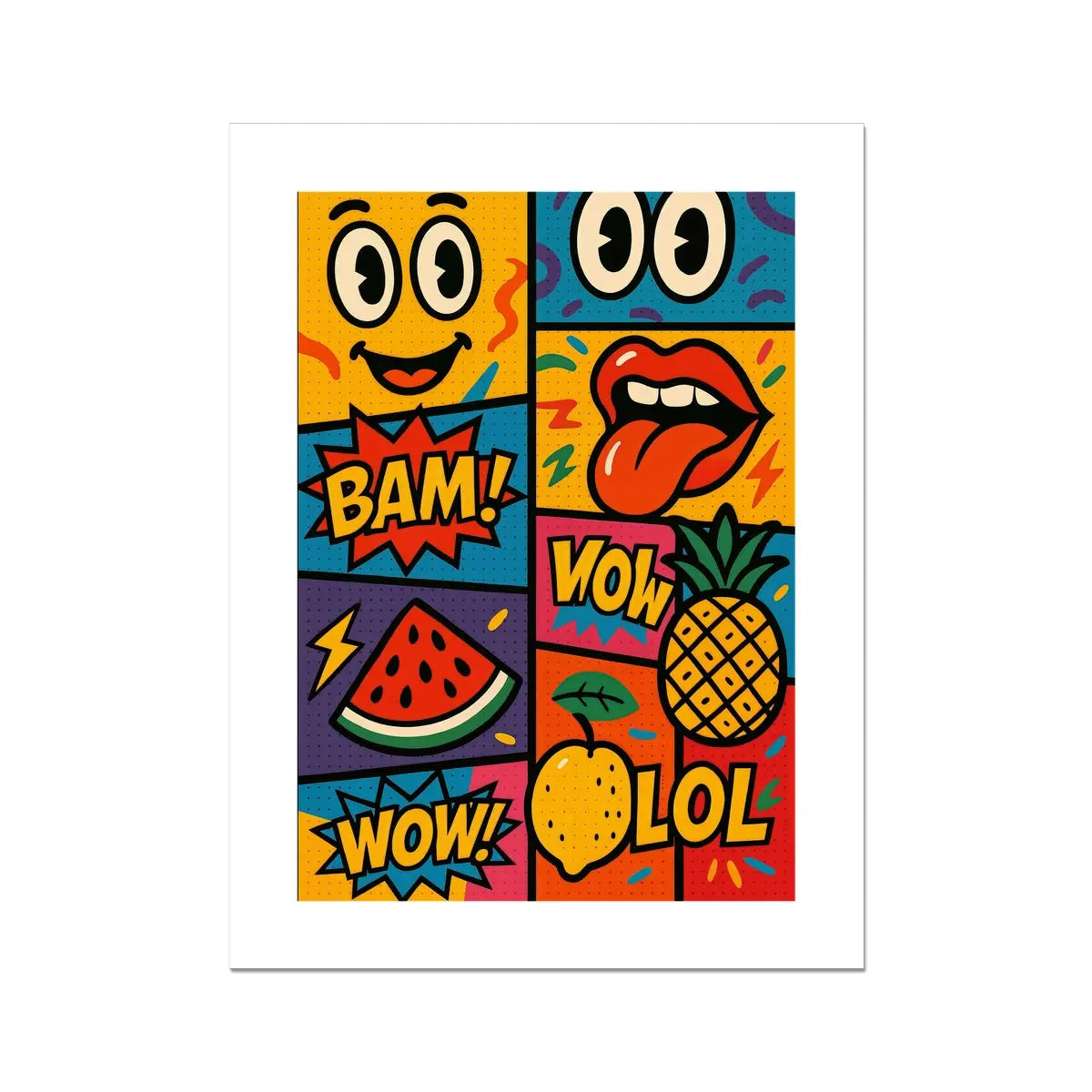 Juicy Pop Art Poster – Smiley Fruit & Retro Lips Prodigi