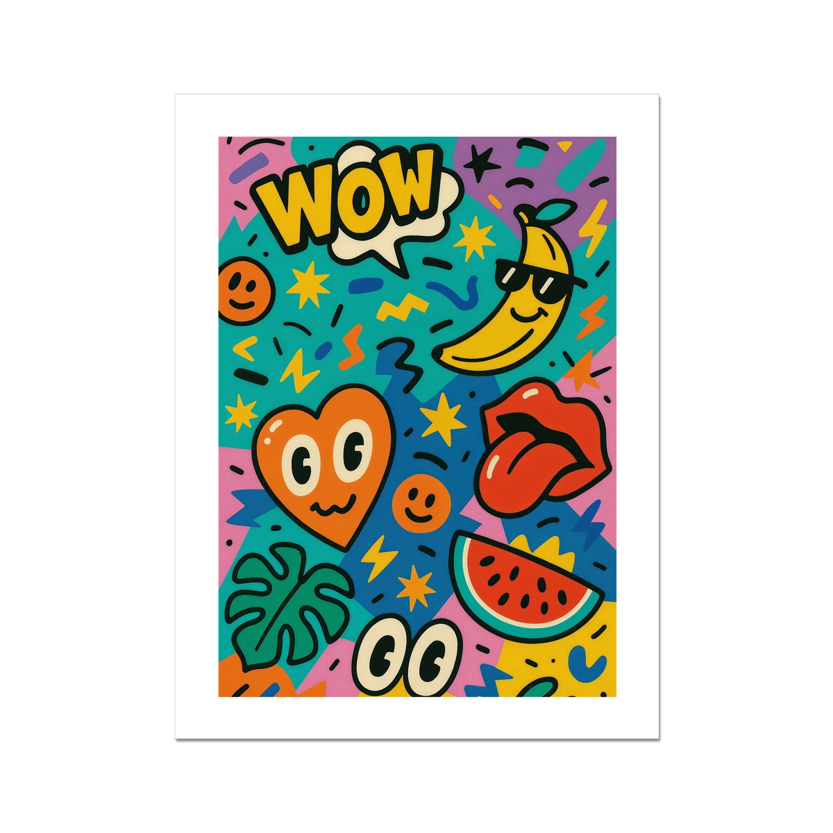 WOW Pop Art Poster – Retro Cartoon Heart, Banana, Lips & Watermelon Wall Art Print (18x24 Inches)