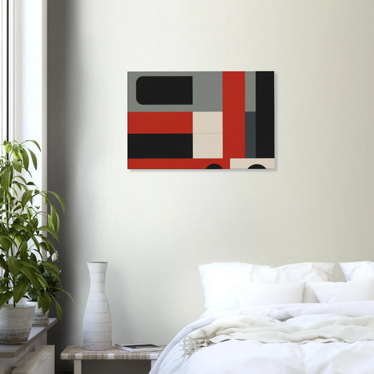 Abstract London Underground train inspired canvas wall art with bold red, black, grey, and yellow geometric shapes in a modern minimalist design.