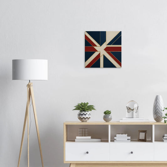 Modern abstract Union Jack canvas with navy, red, and cream geometric design outlined in gold