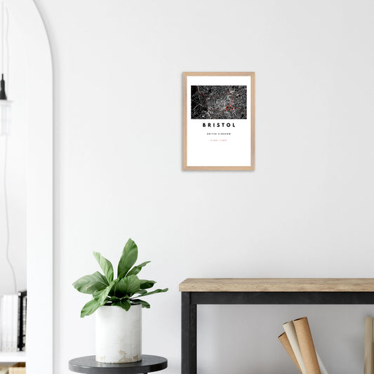 Bristol city map wall art print in black, white, and red – framed and ready-to-hang modern poster decor for home or office