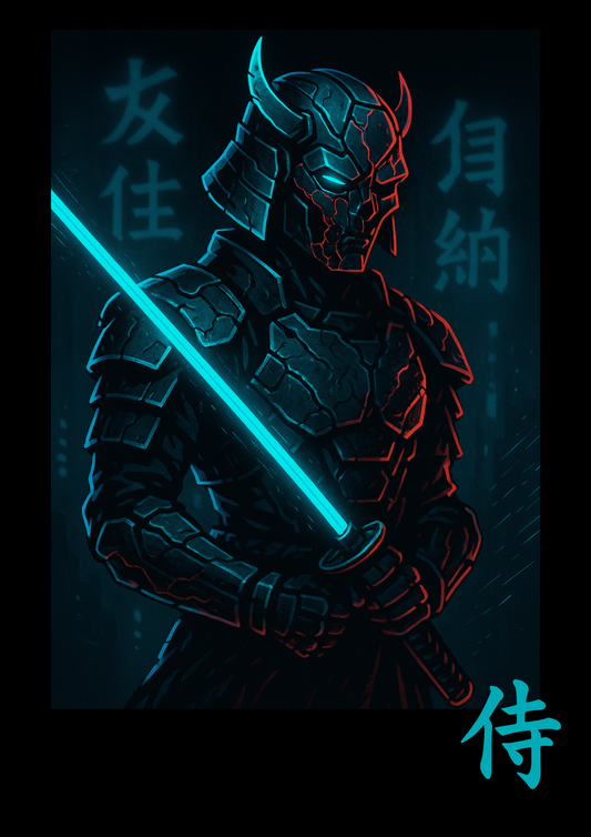 Cyberpunk samurai with glowing blue katana and futuristic armor poster