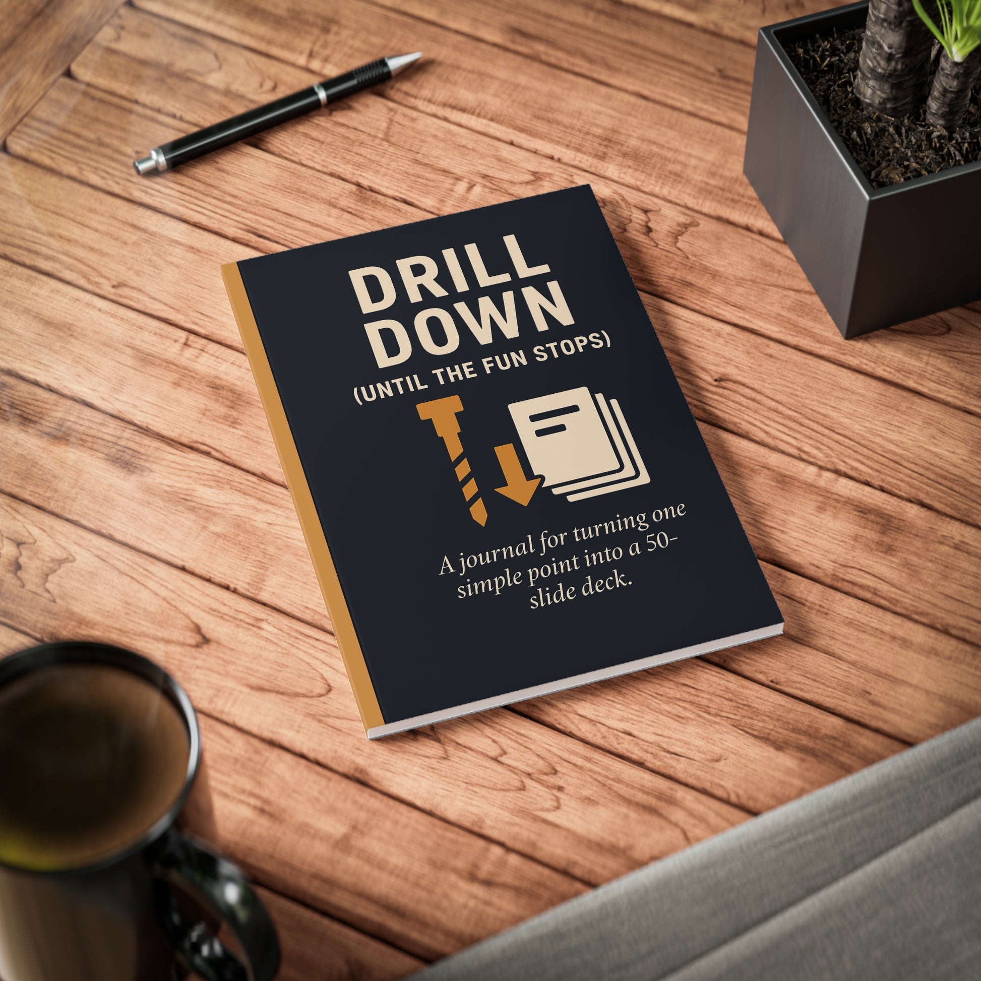 Drill Down A5 Notebook with satirical corporate humor cover – spoof journal for endless meetings and overlong presentations