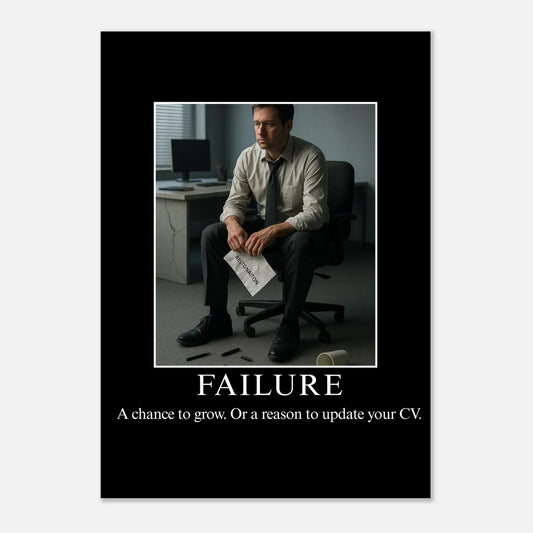 Failure parody demotivational poster with man holding resignation letter in office, funny wall art matte print.