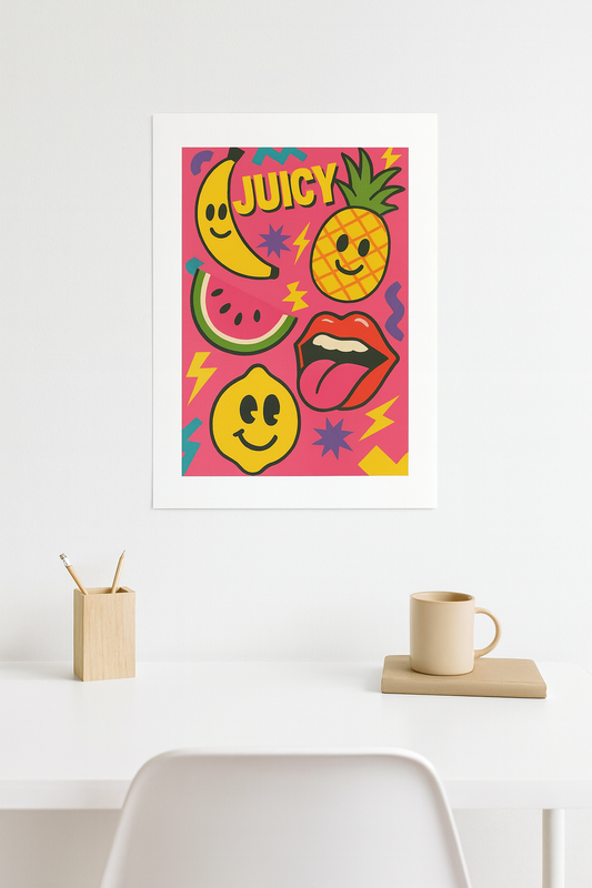 Juicy Pop Art poster with smiley banana, pineapple, watermelon, lemon, bold retro lips, and vibrant shapes on a pink background – 18x24 inch fine art print with white border.