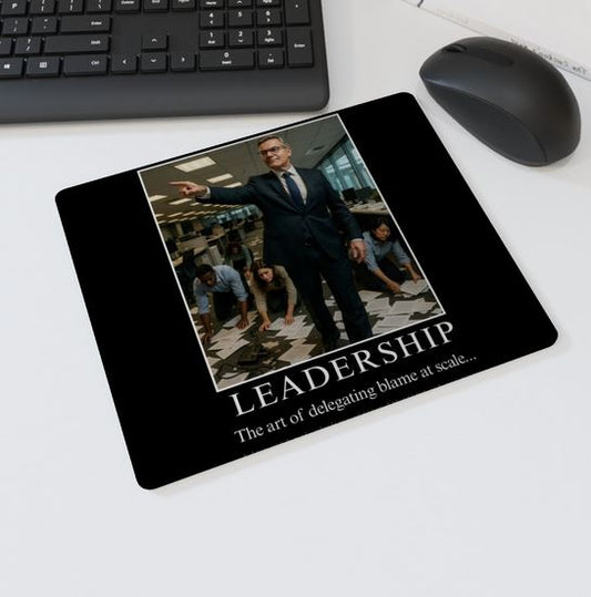 Mouse mat with the text “LEADERSHIP – The art of delegating blame at scale” showing a businessman pointing while employees crawl on the floor picking up papers — sarcastic office desk accessory.