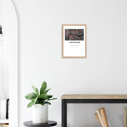 London city map wall art print in black, white, and red – framed and ready-to-hang modern poster decor for home or office
