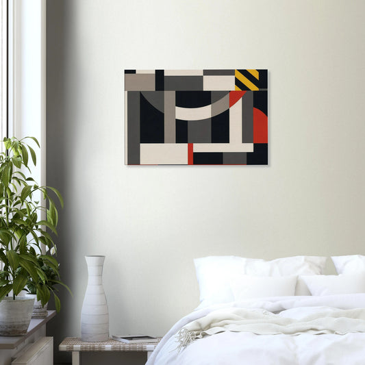 Abstract canvas wall art inspired by a London Underground train, featuring bold red, black, grey, and yellow geometric shapes in a minimalist design.