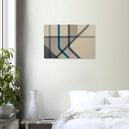 Minimalist abstract canvas wall art featuring overlapping blue and grey geometric lines on a soft beige background, modern and contemporary design.