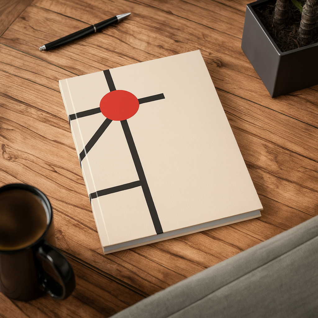 Minimalist red dot A5 lined journal with cream background, black line design, and vinyl-laminated cover – 128 pages, 90gsm paper notebook for writing and journaling.