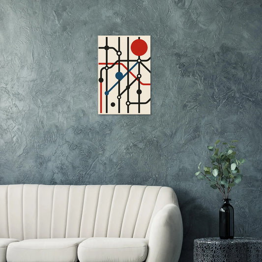 Modern abstract canvas wall art inspired by the London Underground, featuring bold black lines, geometric red and blue circles, and minimalist design.