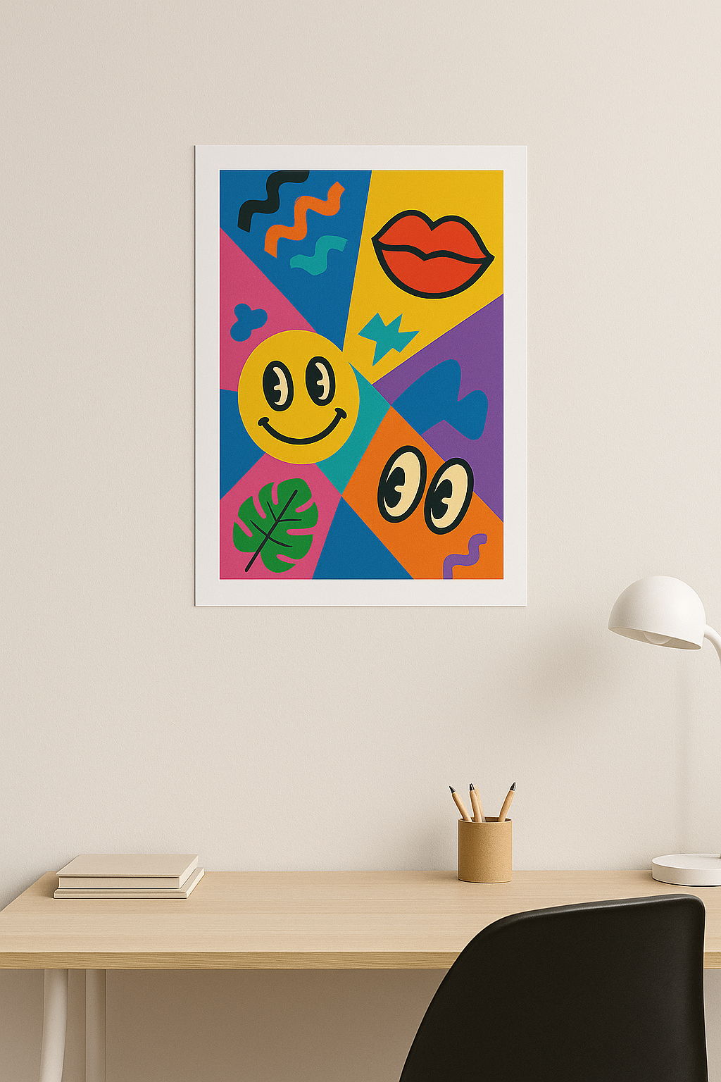 Colorful Pop Art poster with smiley face, lips, eyes, abstract shapes, and bold geometric background – 18x24 inch fine art print with white border.