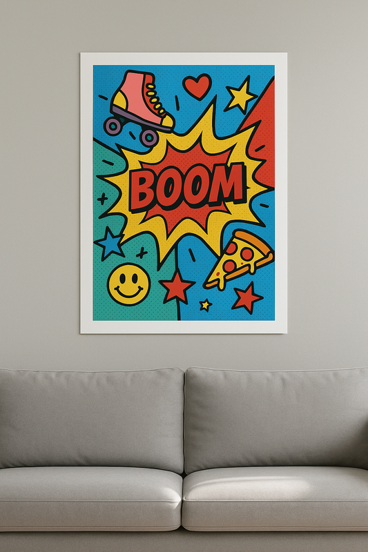 retro pop art poster with roller skate, pizza, smiley and comic explosion