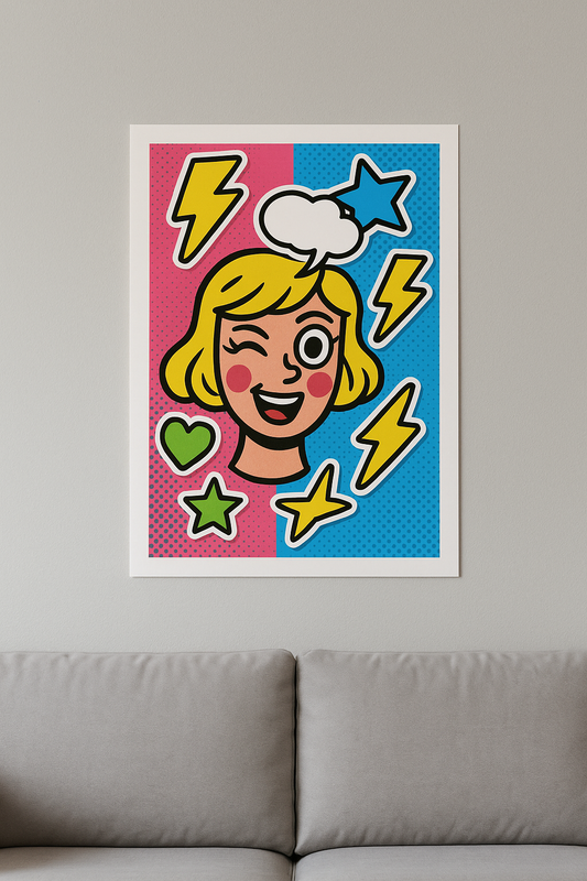 retro pop art poster with winking girl, lightning bolts, stars and heart