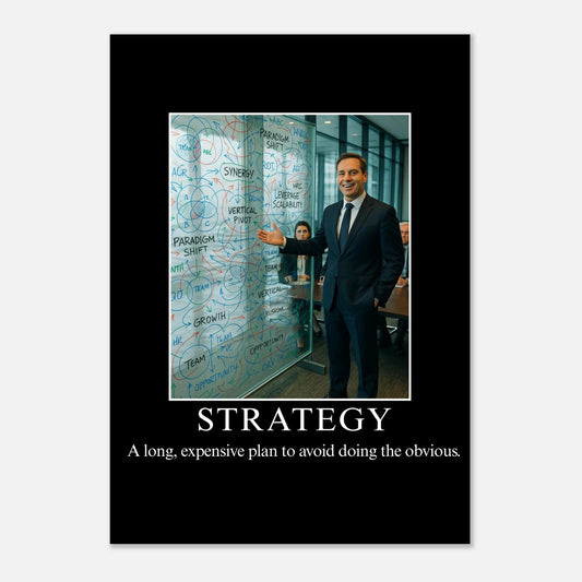Strategy parody demotivational poster with businessman presenting whiteboard of jargon-filled diagrams, funny corporate wall art matte print.