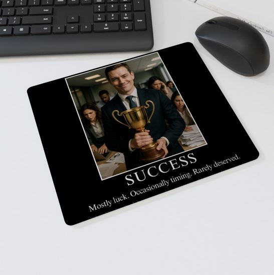 Mouse mat with the text “SUCCESS – Mostly luck. Occasionally timing. Rarely deserved” showing a smiling businessman holding a gold trophy while coworkers work in the background — funny corporate humor desk accessory.