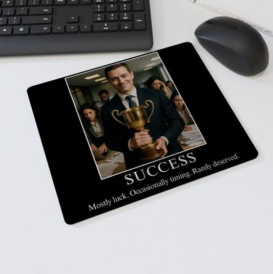 Mouse mat with the text “SUCCESS – Mostly luck. Occasionally timing. Rarely deserved” showing a smiling businessman holding a gold trophy while coworkers work in the background — funny corporate humor desk accessory.