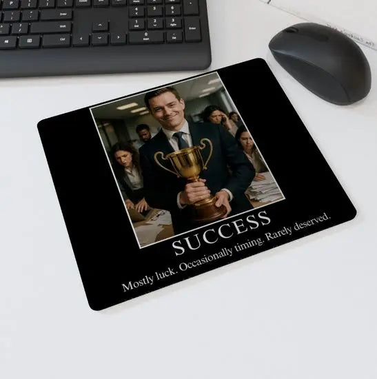 Mouse mat with the text “SUCCESS – Mostly luck. Occasionally timing. Rarely deserved” showing a smiling businessman holding a gold trophy while coworkers work in the background — funny corporate humor desk accessory.
