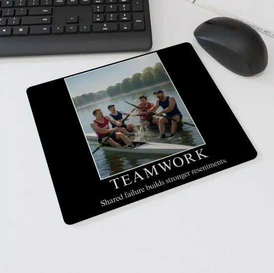Mouse mat with the text “TEAMWORK – Shared failure builds stronger resentments” showing four rowers mid-chaos splashing water — sarcastic desk accessory for office or sports humor.