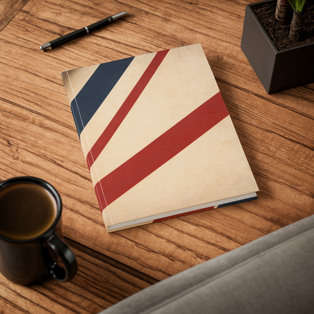 Union Jack inspired A5 lined journal with red and navy diagonal stripes on vintage cream background – 128 pages, 90gsm paper, vinyl-laminated cover notebook for writing and journaling.