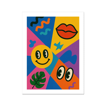 Colorful Pop Art Poster – Smiley Face, Retro Lips & Abstract Shapes Wall Art Print (18x24 Inches)