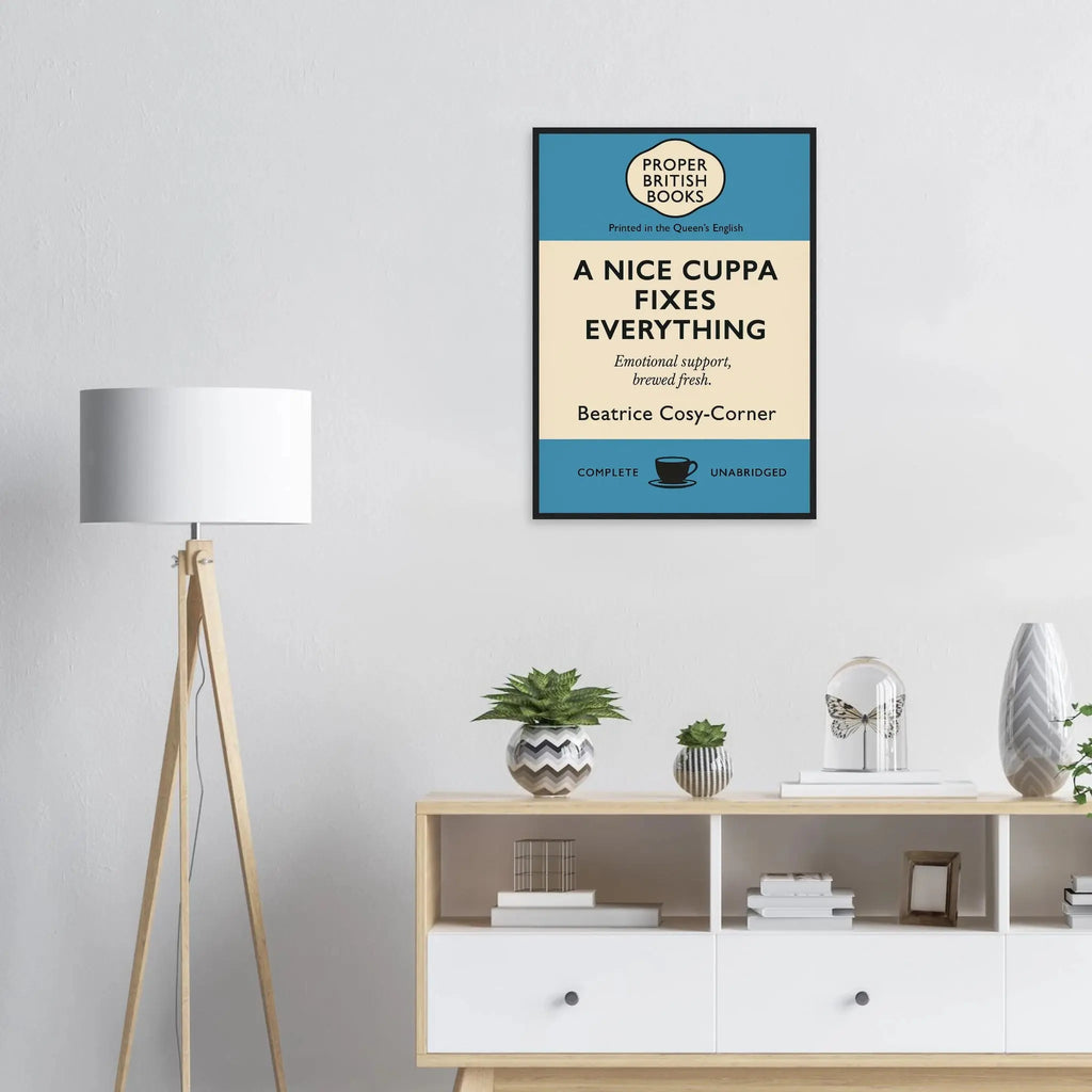 A Nice Cuppa Fixes Everything –Penguin Books Parody Framed Print - Randello