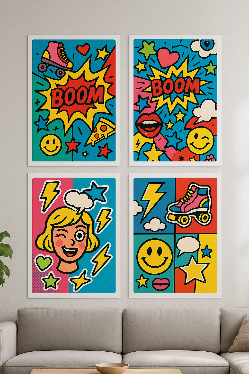 Retro Pop Art Poster – Bold Comic Grid Wall Art with Roller Skate & Smiley