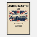 Vintage-style illustration of an Aston Martin DB5 classic car with a distressed Union Jack background.