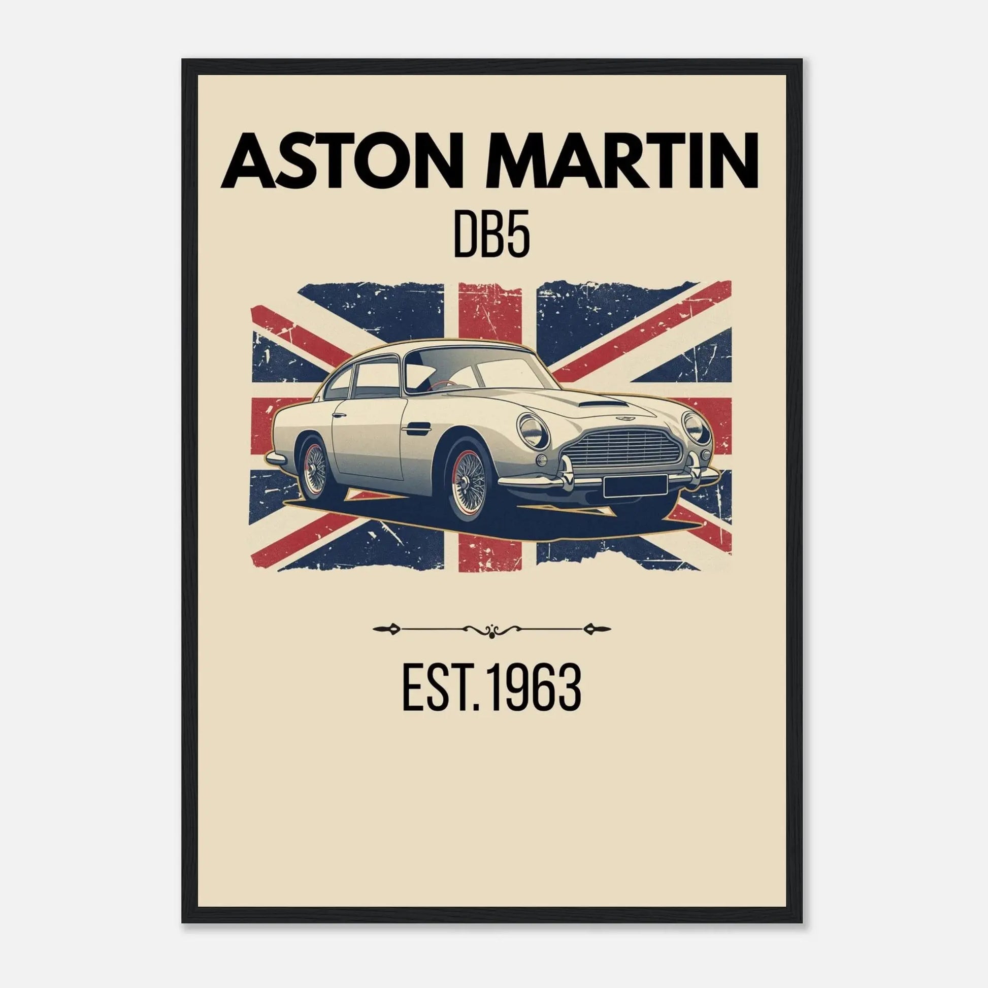 Vintage-style illustration of an Aston Martin DB5 classic car with a distressed Union Jack background.