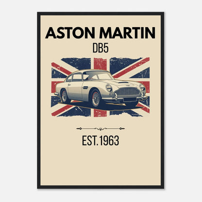 Vintage-style illustration of an Aston Martin DB5 classic car with a distressed Union Jack background.