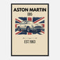 Vintage-style illustration of an Aston Martin DB5 classic car with a distressed Union Jack background.