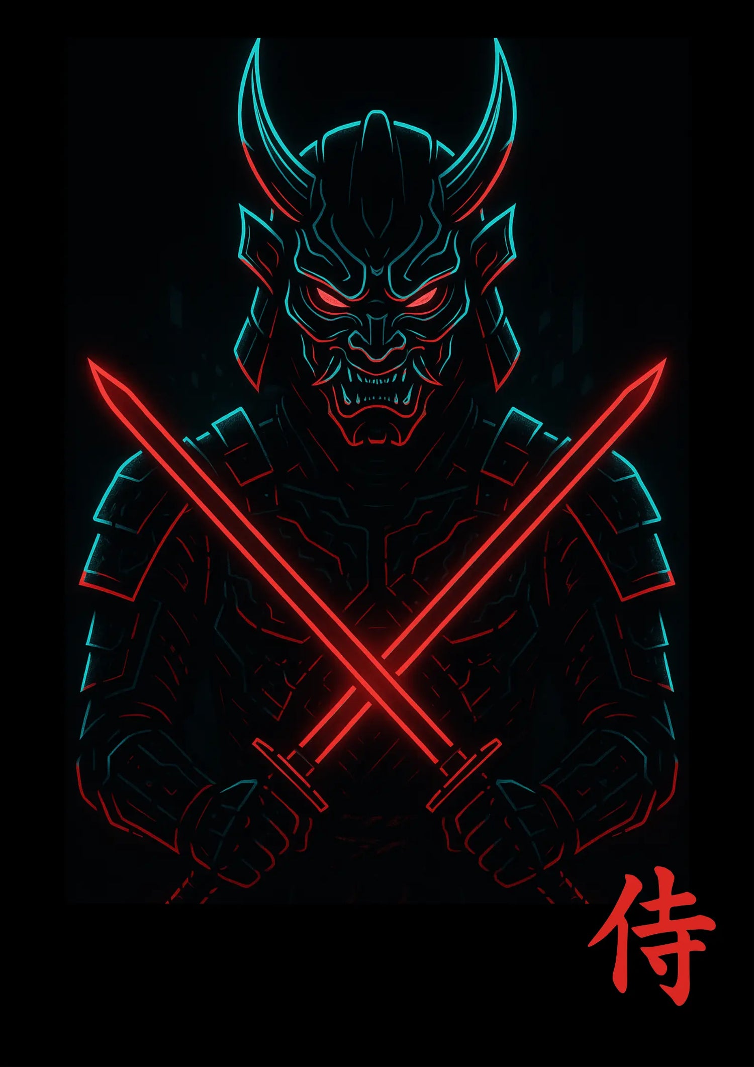 Cyberpunk oni samurai with demon mask and dual glowing red katanas poster