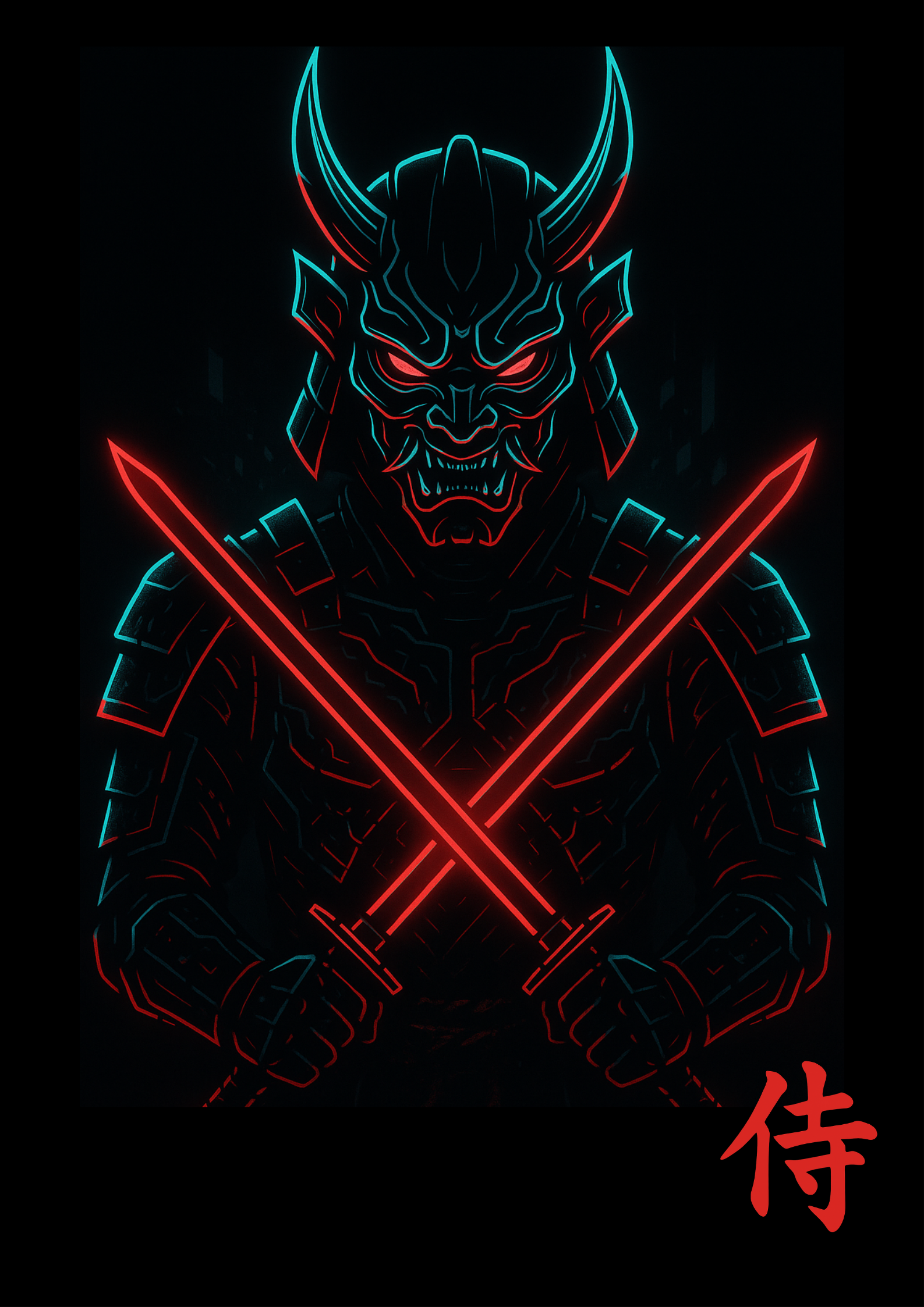 Cyberpunk oni samurai with demon mask and dual glowing red katanas poster