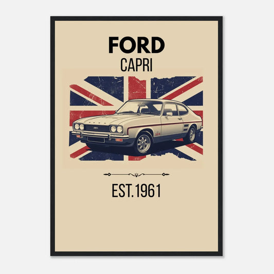 Vintage-style illustration of a Ford Capri classic fastback car in front of a distressed Union Jack flag.