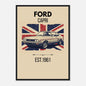 Vintage-style illustration of a Ford Capri classic fastback car in front of a distressed Union Jack flag.