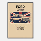 Illustrated Ford Cortina classic car in front of a distressed Union Jack British flag.