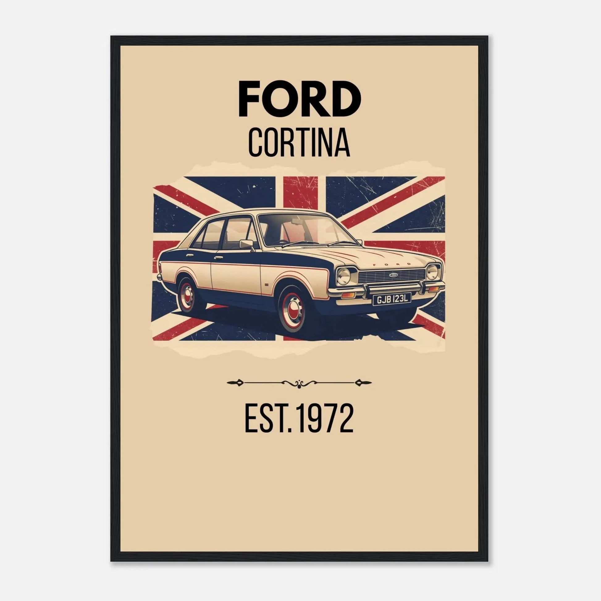 Illustrated Ford Cortina classic car in front of a distressed Union Jack British flag.