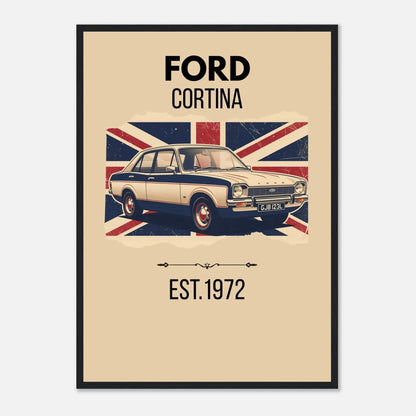Illustrated Ford Cortina classic car in front of a distressed Union Jack British flag.