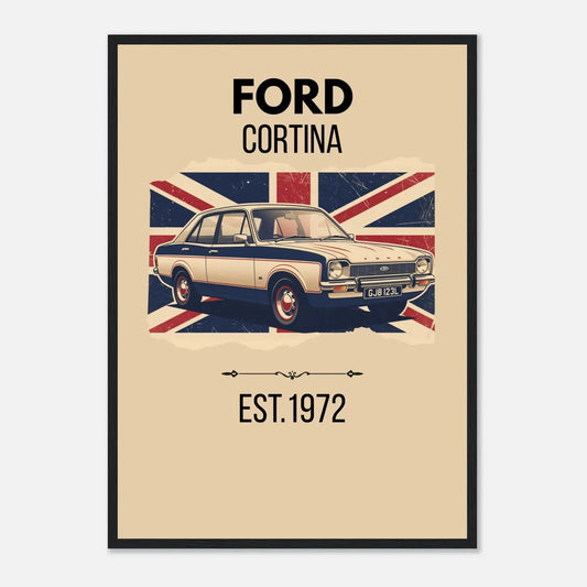 Illustrated Ford Cortina classic car in front of a distressed Union Jack British flag.