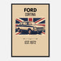 Illustrated Ford Cortina classic car in front of a distressed Union Jack British flag.