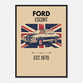 Vintage illustration of a Ford Escort classic rally car in front of a distressed Union Jack flag.