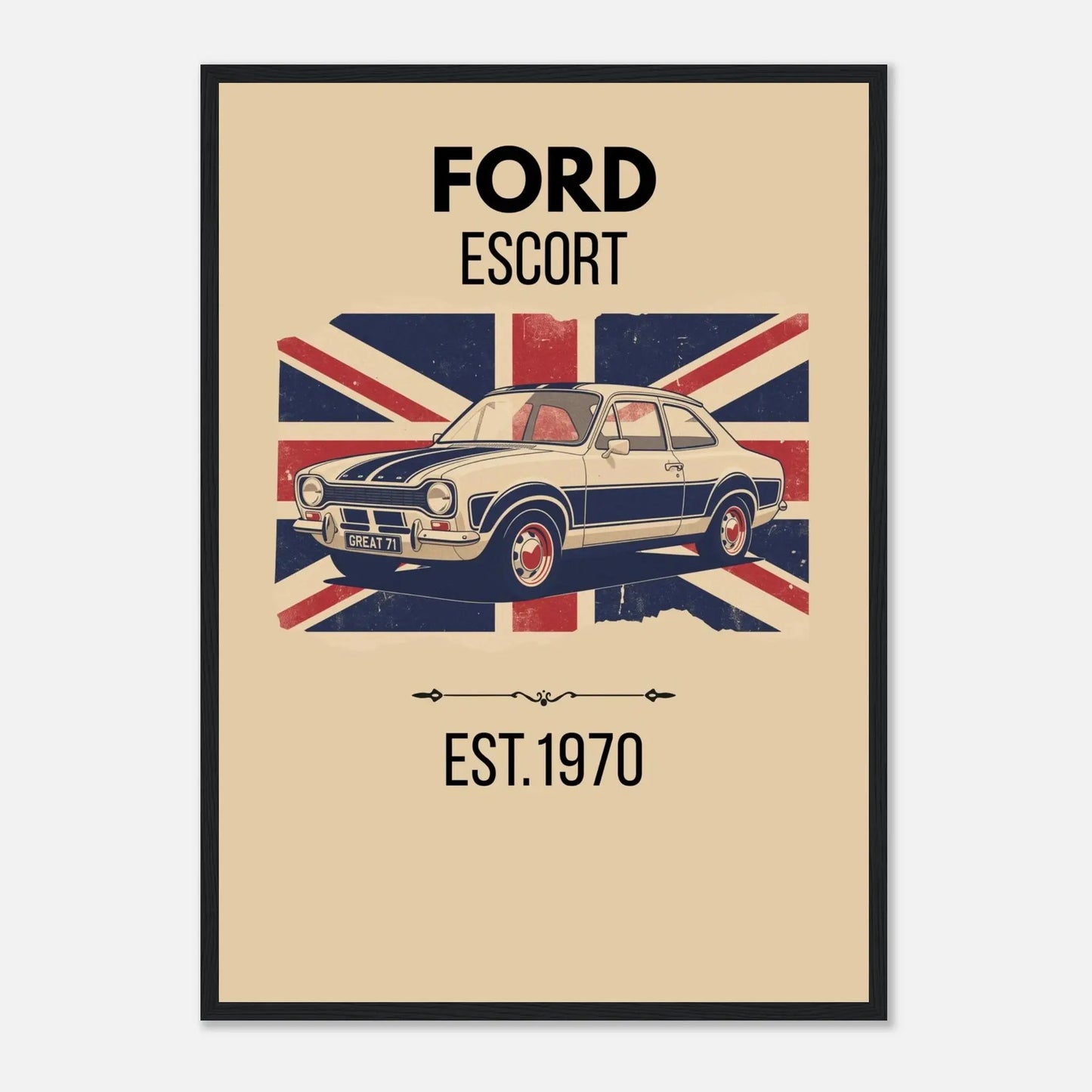 Vintage illustration of a Ford Escort classic rally car in front of a distressed Union Jack flag.