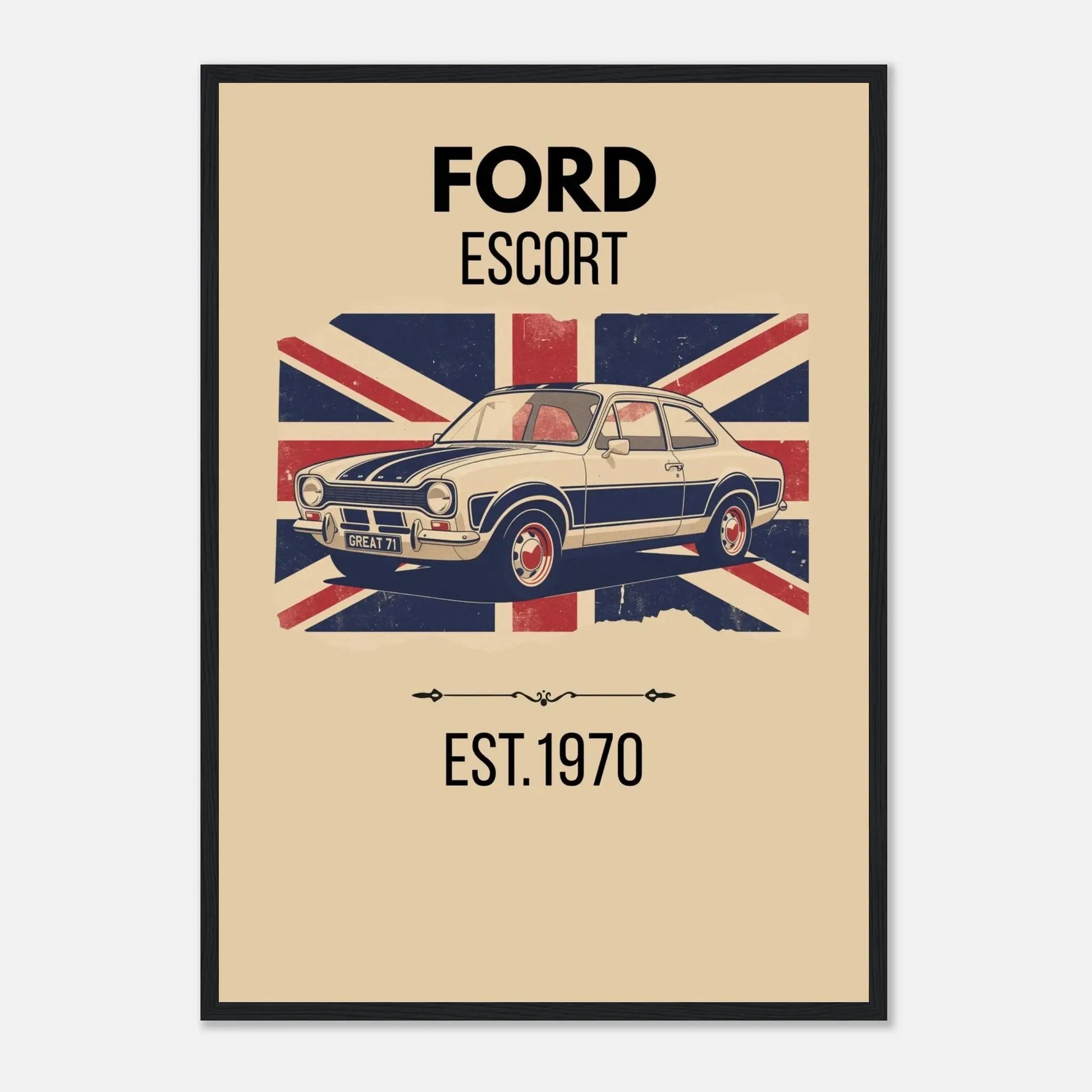 Vintage illustration of a Ford Escort classic rally car in front of a distressed Union Jack flag.