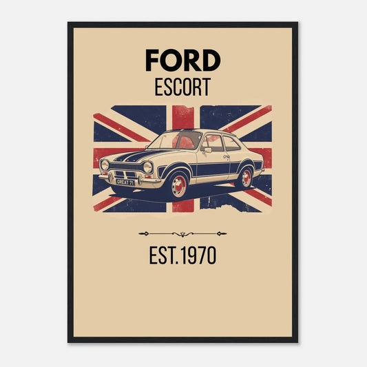 Vintage illustration of a Ford Escort classic rally car in front of a distressed Union Jack flag.