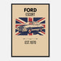 Vintage illustration of a Ford Escort classic rally car in front of a distressed Union Jack flag.