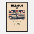 Vintage illustration of a Hillman Imp classic car in front of a distressed Union Jack backdrop.
