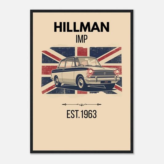 Vintage illustration of a Hillman Imp classic car in front of a distressed Union Jack backdrop.