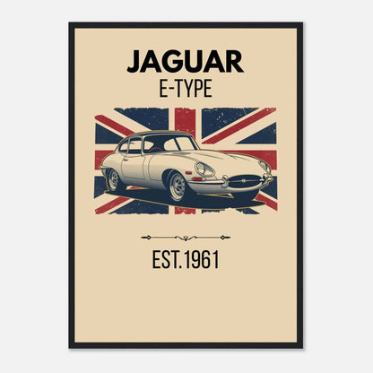 Illustrated Jaguar E-Type classic car in white, displayed over a vintage Union Jack flag background.