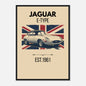 Illustrated Jaguar E-Type classic car in white, displayed over a vintage Union Jack flag background.